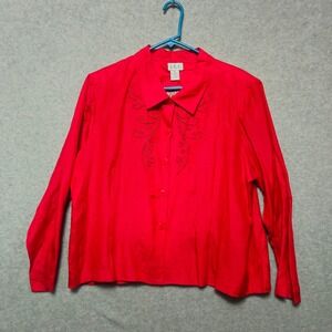 ISC Red Silk Linen Blend Long Sleeve Button Down Blouse Top Womens XL Holiday